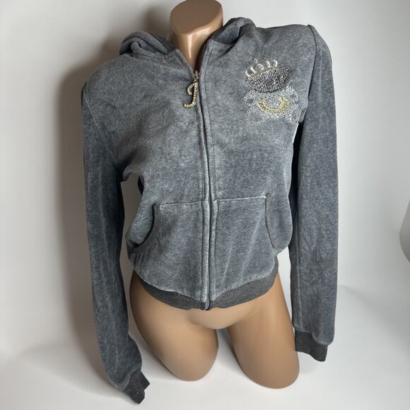 Juicy Couture VTG y2k Grey Embroidered Velour Hoodie Jacket Bear Crown RARE USA - Picture 1 of 11
